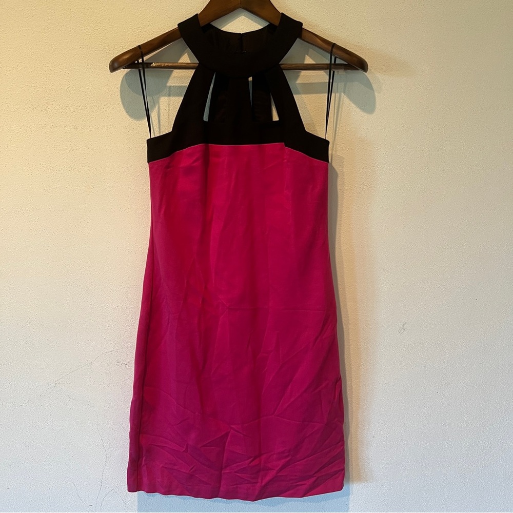 Trina Turk Cage Neck Sleeveless Color Block Black and Pink Midi Dress - Picture 2 of 10